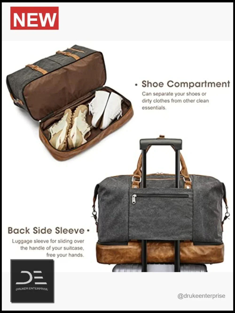 Canvas Weekender Duffle Bag with Shoe Compartment, Large Capacity Overnight